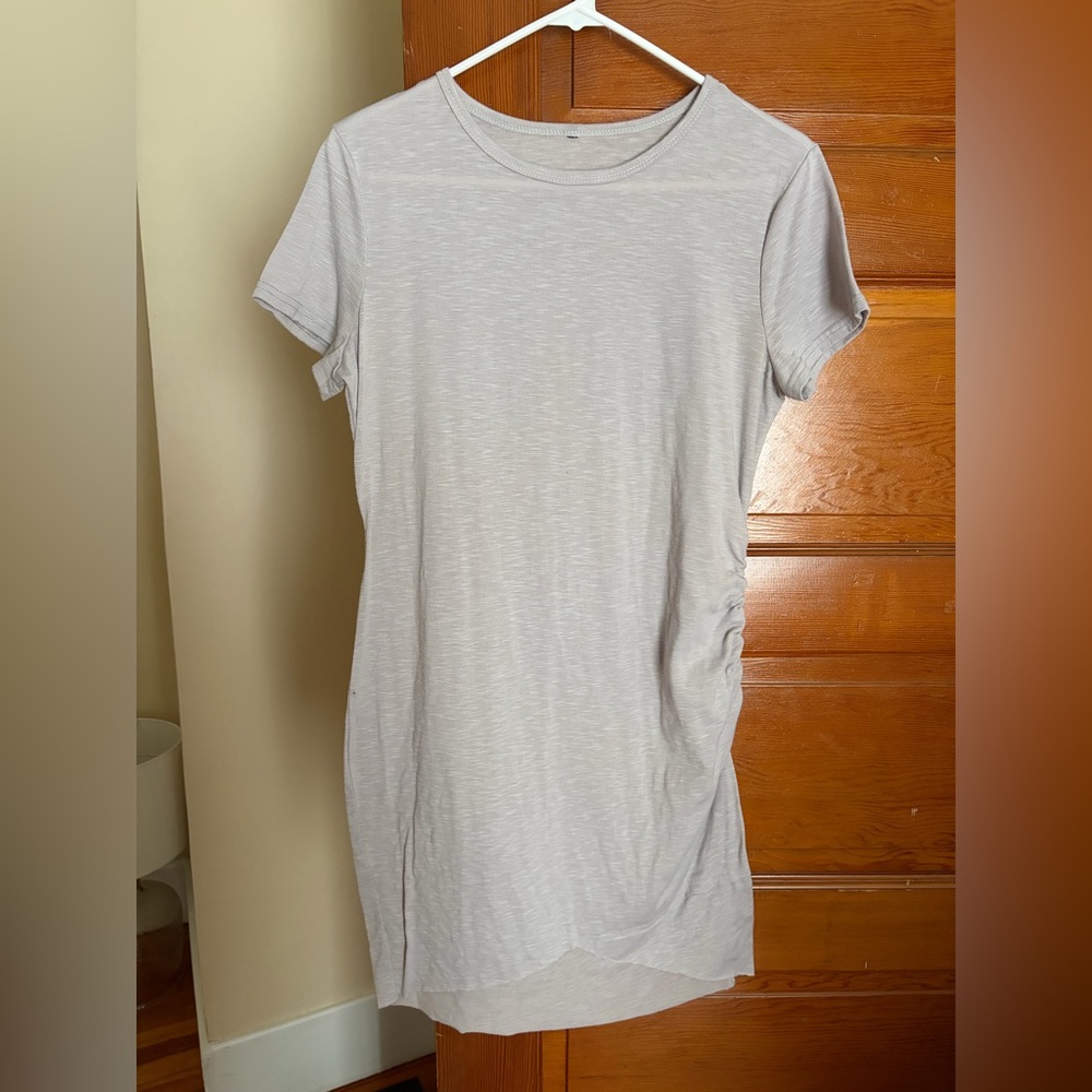 Gray Heathered T Shirt Dress S Rusched Asymmetrical Hem Crewneck